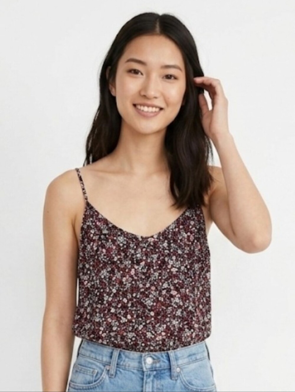 Aritzia Wilfred Burgundy Floral Silk Camisole with Thin Straps Size L